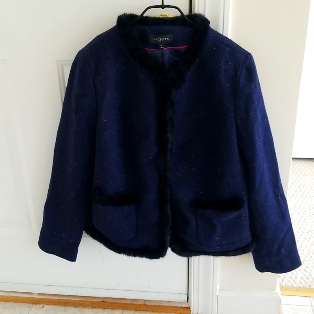 Talbots Navy Wool Blend Faux Fur Trimmed Jacket NWT size 12